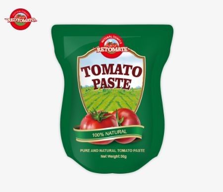 Stand-up poşet, % 28'den % 100'e kadar saflıkta 56 gram çift konsantrasyonlu domates pastası içerir.