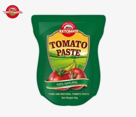 Toptan satış stand-up sachet domates pastası 56 gramlık boyutlarda mevcut herhangi bir katkı maddesi olmadan saf bir ürün sunuyor
