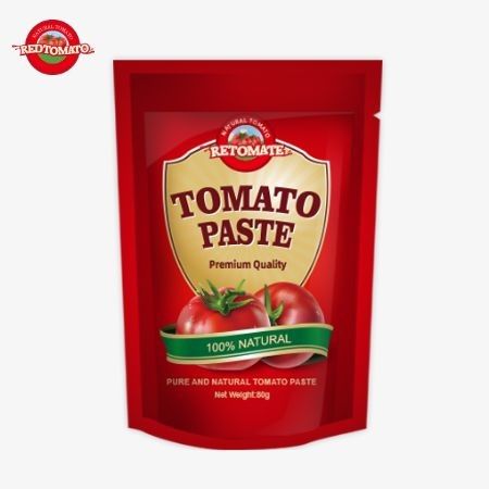 80g, %30 ila %100 arasında değişen saflık seviyelerine sahip, ayakta duran bir poşette çift yoğun domates pastası.