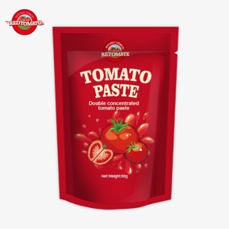 Stand-up poşet, %30 ila %100 arasında değişen saflık seviyeleri ile sunulan 80g çift yoğun domates pastası içerir.