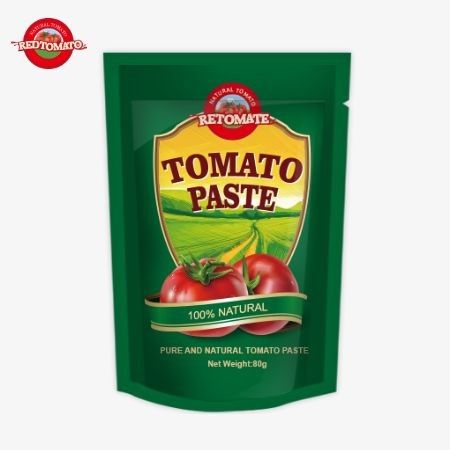 80g Stand-Up Pocket of Double-Concentrated Tomato Paste %30 ila %100 arasında değişen saflık seviyeleri ile sunulmaktadır.