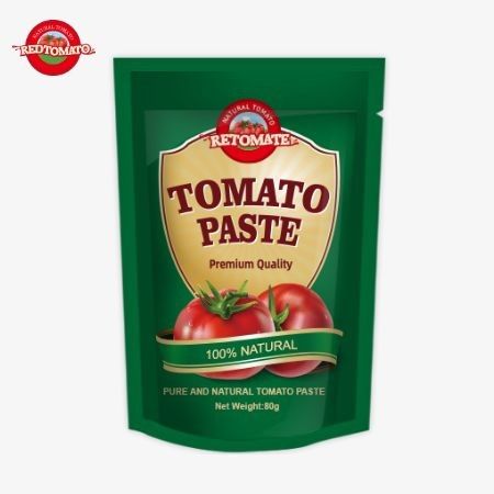 % 30 ila % 100 arasında değişen saflık düzeyleri ile çift yoğun domates pastası içeren 80g Stand-up Pocket