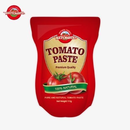 Domates pastası fabrikası, ISO HACCP BRC ve FDA üretim standartlarına uygun 113 gramlık stand-up torbalar üretmektedir.