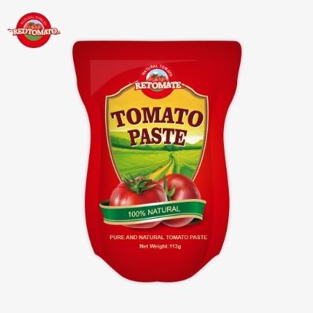 Domates pastası fabrikası, ISO HACCP BRC ve FDA üretim standartlarına göre 113 gramlık stand-up keseler üretti.