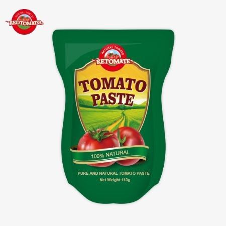 Domates pastası fabrikası, ISO HACCP BRC ve FDA üretim standartlarına göre 113 gramlık stand-up keseler üretti.