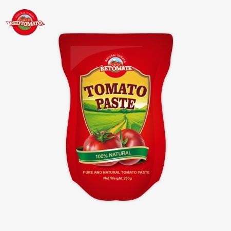 Bu stand-up torba 250 gram tatlı ve acı domates pastası içerir. Temizliği %30 ila %100 arasında değişir.