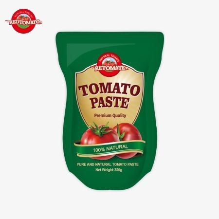 Stand-up çanta 250 gram tatlı ve acıklı domates pastasıdır. Temizlik oranı % 30 ila % 100 arasındadır.