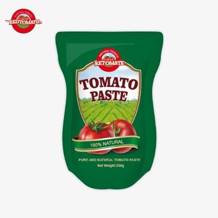 Stand-up çantada % 30 ila % 100 saflık aralığındaki 250 gram tatlı ve acı domates pastası bulunur.