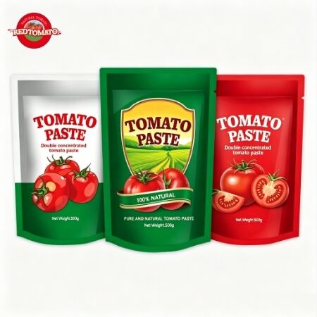 Konforlu kullanım için 500 g'lik dik çuvallardaki çift konsantrasyonlu domates pastası