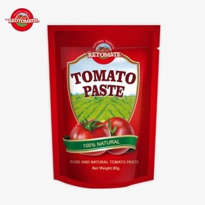 80g Çift Konsantre Domates Pastası %30 ila %100 arasında değişen saflık düzeylerine sahip, ayakta duran bir poşette paketlenmiştir.