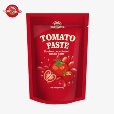 Stand-up poşet, %30 ila %100 arasında değişen saflık seviyeleri ile sunulan 80g çift yoğun domates pastası içerir.
