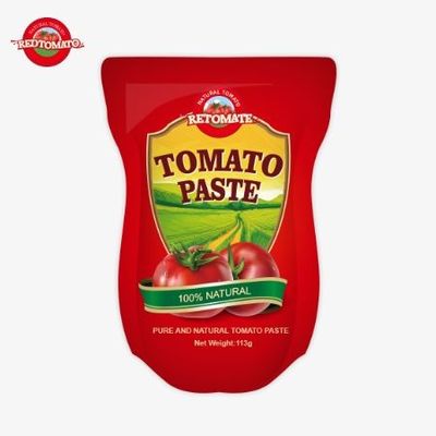 Domates pastası fabrikası, ISO HACCP BRC ve FDA üretim standartlarına göre 113 gramlık stand-up keseler üretti.