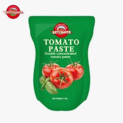 Domates pastası fabrikası, ISO HACCP BRC ve FDA üretim standartlarına uygun olarak 113 gramlık stand-up çantalar üretmektedir.