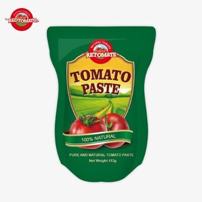 Domates pastası fabrikası, ISO HACCP BRC ve FDA üretim standartlarına göre 113 gramlık stand-up keseler üretti.